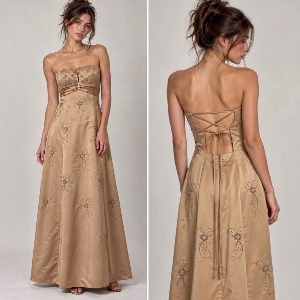 Y2K Champagne Beaded Strapless Prom Dress S Laced Up Corset Back Bling Vintage